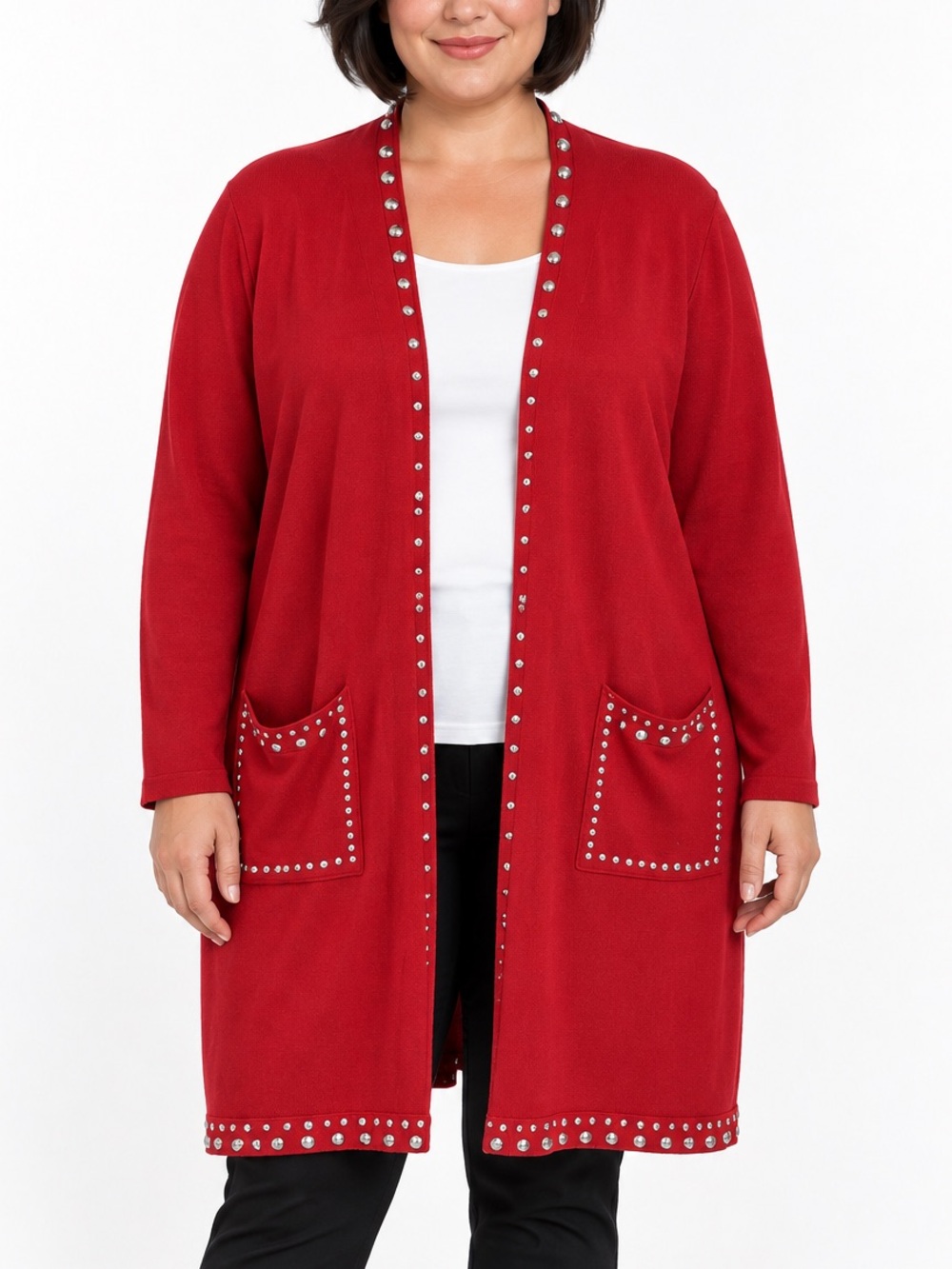 Red Studded Duster Cardigan INC International Concepts XL Open Front Knit Jacket